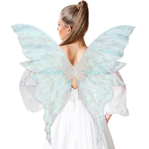 NUVCELKA Fairy Wings for Adults, Butterfly Costume with Lace Gloves, Large Fantasy Wings for Halloween Cosplay (White Light Blue - Organza)