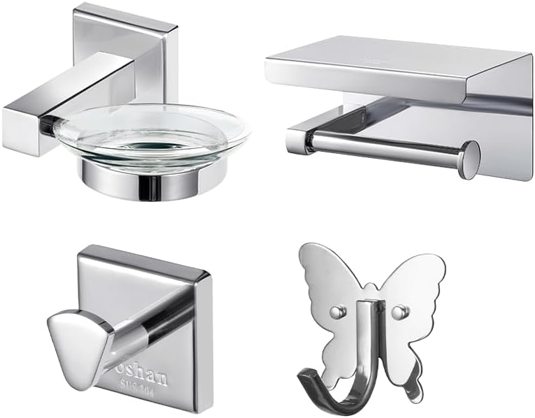 Roshan Hand Polished 4-Piece Bathroom Hardware Accessory Set, SUS304 Stainless Steel Toilet Paper Holder Set, Candle Holder with Glass Dish, Towel Hooks, Rust Proof, Peel Resistant, Silver