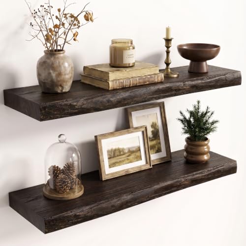 Image of Fun Memories 24 inch Elm Wood Floating Shelves, Walnut Finish, 2 Pack