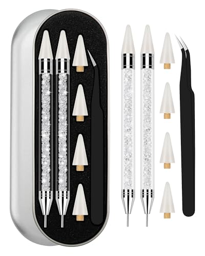 Difenni Rhinestone Picker Tool, Wax Pencil for Rhinestones Tool, Dual-Ended DIY Nail Bedazzling Tools with 4 Extra White Replaceable Wax Head and 1 Tweezer(White)