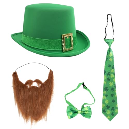 Nanou St. Patrick's Day Hat, leprechaun costume Party Costume Suit, green top hat, Irish Holiday Accessories, 4 Pc Accessory Set (Hat, Beard, Tie, Bow Tie)