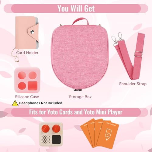 Image of Hard Case Compatible with Yoto Mini (2024 Edition), 3-in-1 Travel Bundle: Silicone Cover + Case with Shoulder Strap (Fits Mini Player & Headphones) + Up to 10 Card Holder for YOTO Cards (Pink)