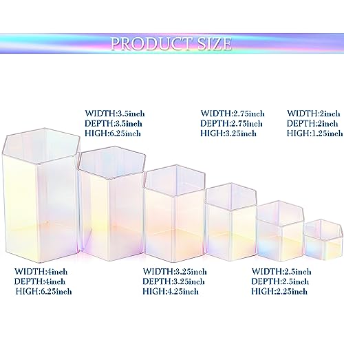 Image of Jetec 12 Pcs Hexagonal Jewelry Display Risers Hexagonal Market Display Risers Stands Acrylic Showcase Acrylic Stand for Jewelry Model Figures Decoration, 6 Sizes (Rainbow Color)