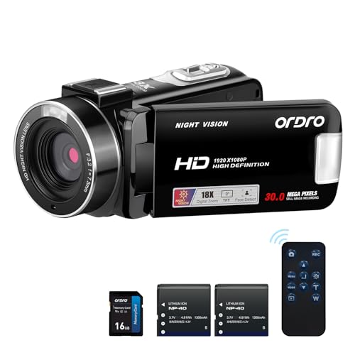 ORDRO Videocamera B320 1080P con scheda da 16 GB, zoom digitale 18x, visione notturna, schermo girevole a 270°, fotocamera Full HD 1080p 30 MP, 2 batterie nere