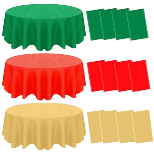 Image of CIEOVO 12 Pcs Christmas Round Disposable Table Cover 84 inch Assorted Color Tablecloth Gold Red Green Waterproof Table Cloth for Neon Party Supplies Christmas Wedding Outdoor Decorations