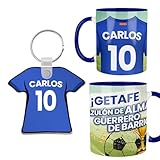 Kembilove® Pack Taza y Llavero Getafe CF Personalizados | Regalo Azulón con Nombre y Número | Taza Fútbol Personalizable Niño Adulto | Aficionados del Getafe | Camiseta y Llavero Personalizado