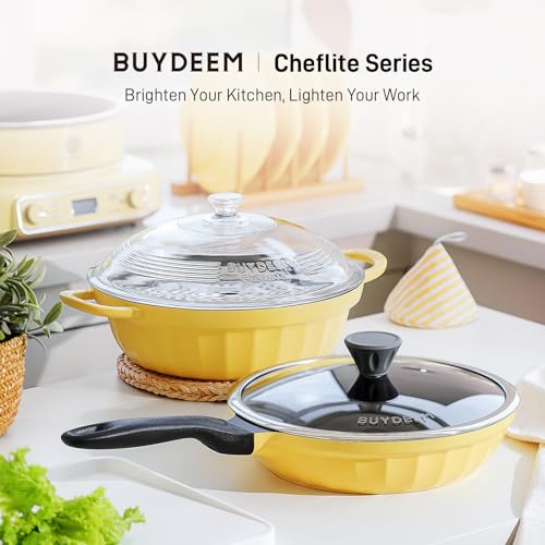 BUYDEEM-Cheflite-Nonstick-Frying-Pan-Skillet-102Inch-Mellow-Yellow-Non-Stick-Cast-Aluminum-Fry-Pan-with-Glass-Lid-25Qt-Saute-Pan-Egg-Pan-Omelet-Pans-Cooking-Pan-Induction-Capable-PFOA-Free
