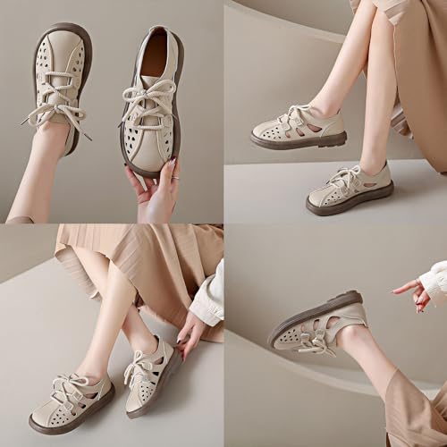 Image of Women's Leather Lace Up Cutout Loafers Soft Platform Lightweight Closed Toe Breathable Outdoor Walking Sandals Casual Wide Round Toe Anti-Slip Comfort Slip On Oxfords