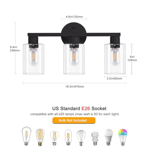 Image of Bathroom Vanity Light Bathroom Light Fixtures Vanity Lights for Bathrrom Light Fixtures with Clear Glass Shade for Bath 3 Light (Black)