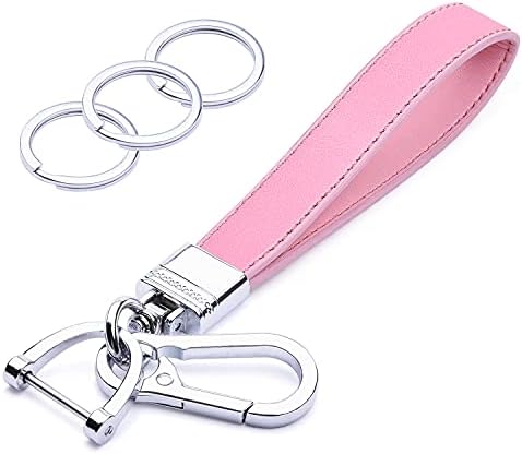 Wisdompro Genuine Leather Car Keychain, Universal Heavy Duty Key Fob Keychain Leather Key Chain Holder with 3 Keyrings and 1 Screwdriver for Men and Women - Pink