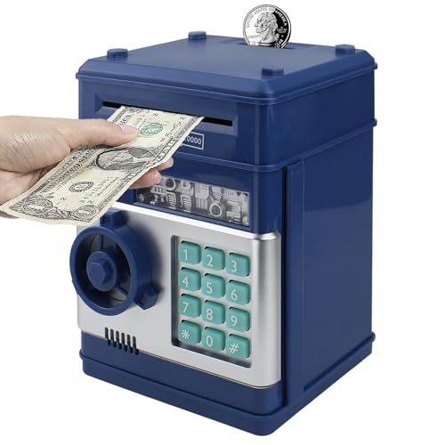 HUSAN Hucha electrónica para niños con código electrónico de cerditos, Mini cajero electrónico para Monedas ATM, Caja de Monedas, Juguete Divertido Regalo (Azul Marino)