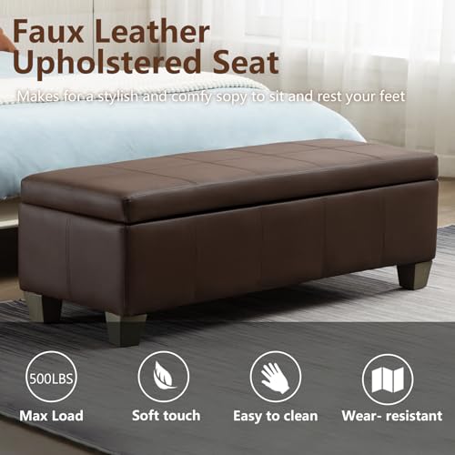 Image of 51 Inch Storage Ottoman, Storage Bench with Safety Hinge, Upholstered Synthetic Leather Ottoman Bench for Bedroom, Living Room, Entryway, Hallway, Foot Rest, Support 500lbs, Brown