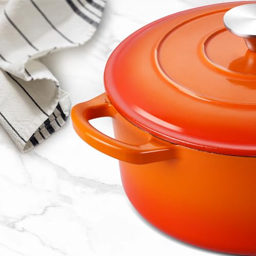 3QT Dutch Oven Pot with Lid, Leonyo 3 Quart Enameled Cast Iron Dutch Oven for Sourdough Bread Baking, Heavy Duty Cookware for Braising, Stews, Roasting, Orange