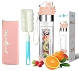NEW AquaFrut Bottom Loading Fruit Infuser Water Bottle Complete Bundle Includes Bottle Brush, Insulating Sleeve & Infusion Recipe eBook. Leak Proof Sweat Proof BPA-Free (Rose)