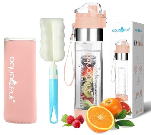 NEW AquaFrut Bottom Loading Fruit Infuser Water Bottle Complete Bundle Includes Bottle Brush, Insulating Sleeve & Infusion Recipe eBook. Leak Proof Sweat Proof BPA-Free (Rose)