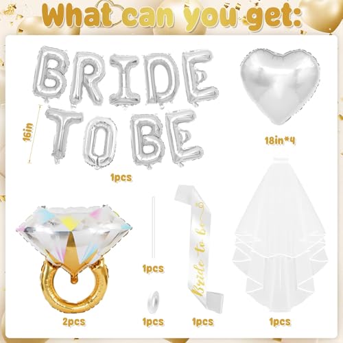 Image of Silver Bachelorette Party Decorations, Silver Bride to Be Banner Heart Balloons with Diamond Ring Foil Balloon, Gold Bride to Be Sash&Veil for Bachelorette Engagement Gift Bridal Shower Party Supplies