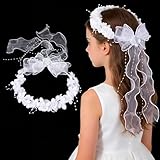 Haarschmuck Kommunion Mädchen Stirnband Blumenkranz mit Weiß Blüten Perlen Organza Bänder für Erstkommunion Blumenkind Blumenmädchen Hochzeit Festival Kopfschmuck