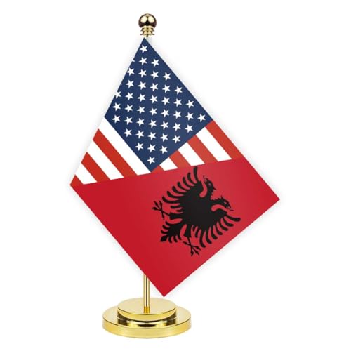 Albania USA Friendship Desk Flag With Golden Base,12 inch Tall Small Albanian Indoor Banner,Tiny Printing Decor For Office Home Table