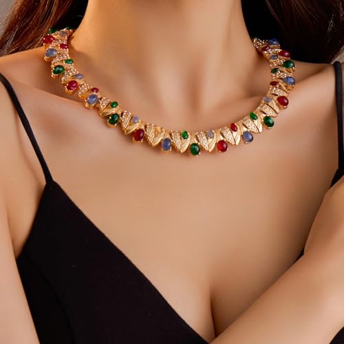 Luxurious Multi-color Gemstones Choker Necklace 18K Gold Plating Chunky statement necklace Palace Style Party Prom Necklace Choker Jewelry for Women2
