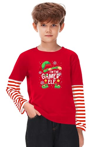 Image of Remimi Unisex Kids Christmas Long Sleeve Shirt Xmas Print Stripe Shirts 2-12 Years