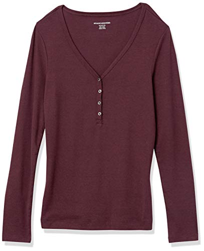 Amazon Essentials Women's Ribbed Knit Long Sleeve Henley Slim Fit T-Shirt, Burgundy, Small