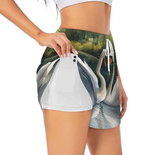 Shorts de course double couche au motif artistique de cygnes