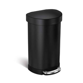 simplehuman Semi-Round Step Can, 45L / 12 Gallon Kitchen Trash Can, Liner Rim, 150,000-Step Pedal, Lid Shox Silent Close, Matte Black Steel