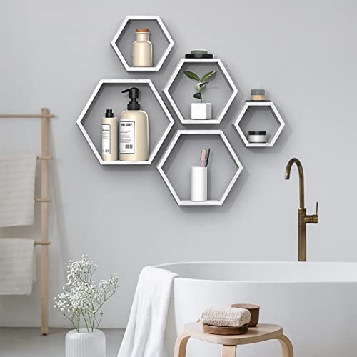 Hexagon Shelves Farmhouse Honeycomb Floating Shelves Set Of 5 Wood Storage Shelf For Plants Display Wall Hanging Shelves Modern Honeycomb Racks Sets For Living Room Bedroon Office, Grey-White #TOP5
