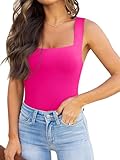 REORIA Womens Sexy Club Square Neck Sleeveless Tank Tops Bodysuits Stretchy Leotard Clubwear Neon Rose Red Medium