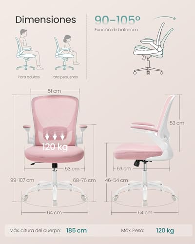 Miniatura 2 de Songmics Silla De Oficina, Silla De Escritorio De Malla, Silla Giratoria Ergonómica, Soporte Lumbar, Oscilante, Asiento De 53 Cm, Apoyabrazos Abatibles, Rosa Pastel Obn037r01