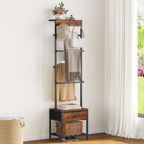 Blanket Ladder with Drawer, 5 Tier Ladder Shelf with Hooks, Storage Rack for Living Room and Bedroom, 5.25ft Blanket Holder Rack Farmhouse Ladder Rack for Storage and Home Decor
