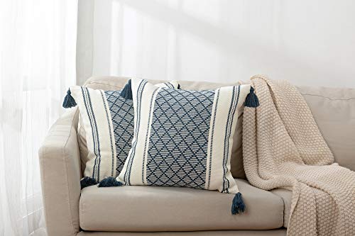 Blue Page SQ1097-BLUE-45X45 Set Of 2 Boho Neutral Decorative Throw Pillow Covers 18X18 Inch, Cotton Woven Diamond Jacquard Pattern Pillow Cases For Couch Sofa Bedroom Car, Modern Accent Square Pillowcase, Blue thumb #2