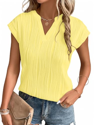 Image of Gemulate Womens Tops Dressy Casual Ladies Short Sleeve Hot Light Yellow Top Blouses V Neck Shirts Tee Spring Clothes for Women UK Hot Light Yellow L