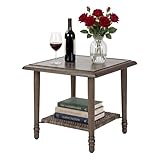 VineBreeze 2-Tier Outdoor Side Table, 20.1 Inch Hand-Painted Wood Grain Patio Table with PE Rattan Shelf, All-Weather Accent Table for Porch, Balcony, Garden & Living Room