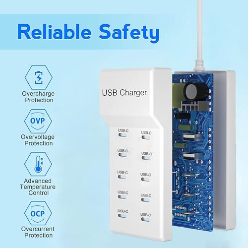 Multiple USB Charger, 10 Ports USB Charging Station, 50W Multi-Port USB C Charger, USB Wall Charger Desktop USB Charger for iPhone 12/13/14/15/iPad/Samsung S23 Ultra/Z Flod/Huawei/Watch/Headphones