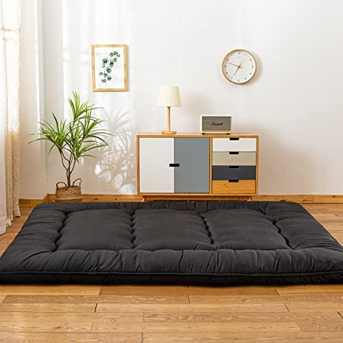 YOSHOOT Black Japanese Shiki Futon Mattress Floor Mattress, Roll Up Guest Mattress Floor Bed Folding Portable Camping Mattress Thicken Mattress Pad Sleeping Pad for Guest Room Queen Size