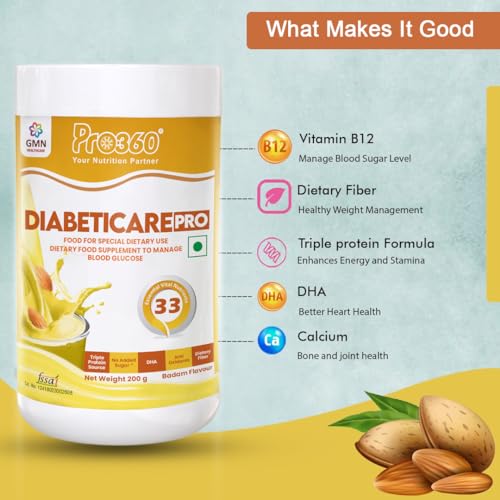 Image of Pro360 Diabeticare Pro Protein Powder for Diabetes - Nutrition Supplement for Diabetic Care - Helps in Managing Blood Sugar Levels - Zero Added Sugar - Badam Flavour 200g Jar