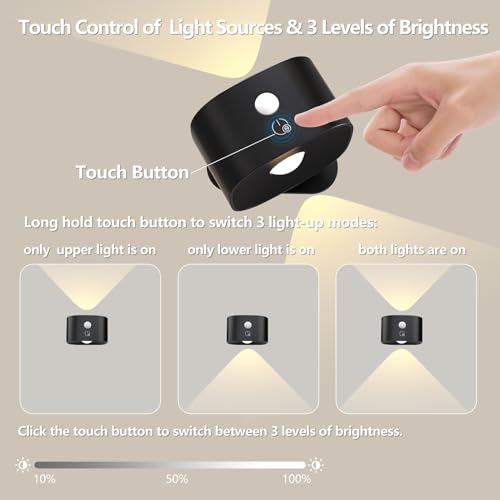 Image of Motion Sensor Wall Sconces of 2PCS, Cordless Auto Motion Activated LED Wall Lights 360Rotate& Rechargeable Battery Operated, 3 Brightness, Indoor Motion Detection Wall Lamps for Hallway Stairway