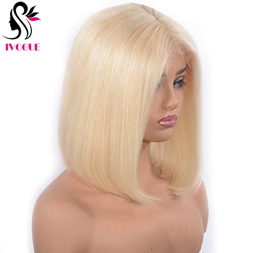 Short European Human Hair Bob Wigs Glueless Full Lace Front Wigs for Women Blunt Bob Cut #613 Lightest Blonde (14inch, Lace Front Wig)