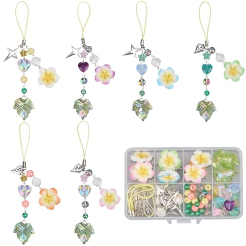 SUNNYCLUE 1 Box 126Pcs DIY 6 Sets Phone Charms Kit Plumeria Flower Phone Strap Leaf Heart Beads Summer Ocean Hawaiian Flowers Cellphone Charms for Women Adults DIY Keychains Bag Camera Hanging Decor