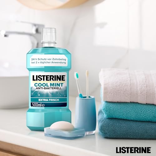 LISTERINE Cool Mint 500 ml, antibakterielle Mundspülung mit ätherischen Ölen und Minzgeschmack, Mundwasser bekämpft wirksam Bakterien im Mundraum, optimale Ergänzung zur täglichen Zahnpflege