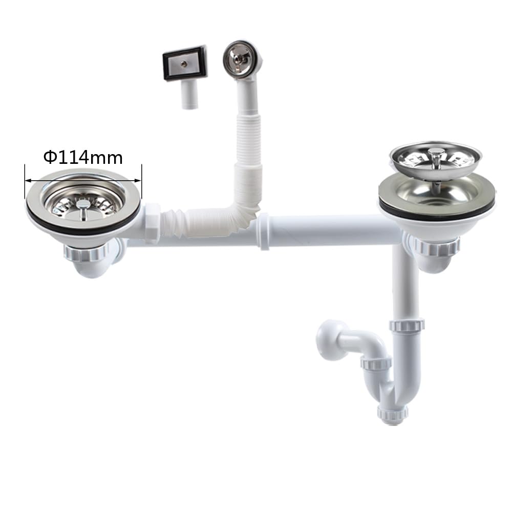 Talea Garniture de vidange double avec trop-plein, diamètre 114 mm, blanc, ensemble complet pour évier de cuisine, convient pour éviers avec une ouverture de 83–90 mm Z7008C029 (passage mural pour