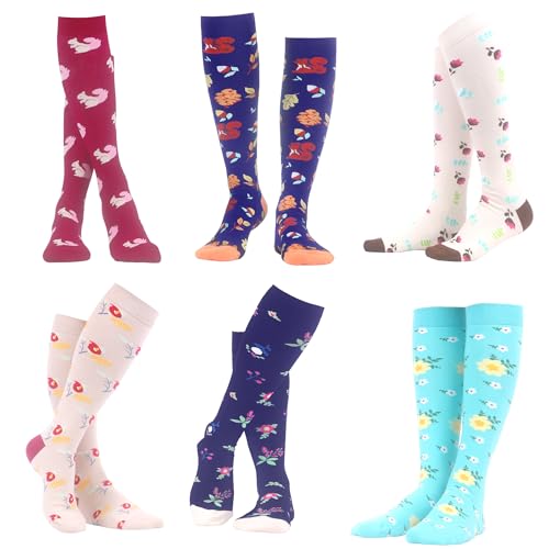 WeciBor Women's Fun Knee High Socks 6 Pairs - Novelty Floral Patterned Socks, Soft Cotton for Casual Outfits Size 8-11