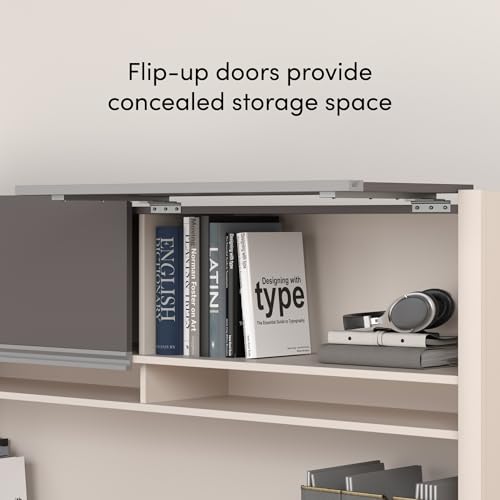 Image of Bestar Connexion L Shaped Desk with Hutch and Pedestal in Slate and Sandstone, 72W | Large Corner Table for Home Office Workspace or Personal Work Area