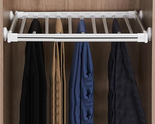 Pull Out Pants Trousers Rack Multifunctional Adjustable Sliding Heavy Duty Steel Top Mounted Clothes Storage Hanger for Space Saving and Storage(White,Medium)