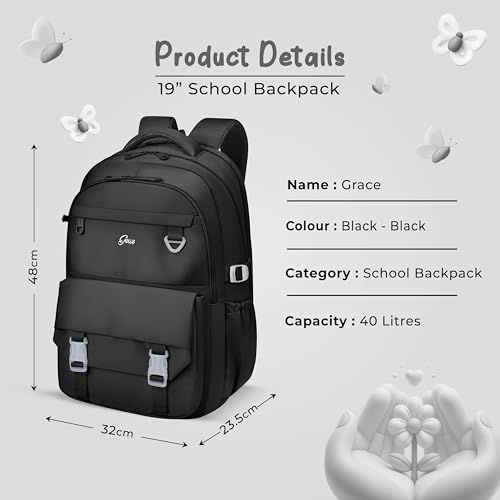 Image of Gear Grace 19 inch /40L Large Water Resistant School Bag | Casual Backpack | Daypack | Travel Backpack | Kids Bag for Boys /Girls (Black - Black)