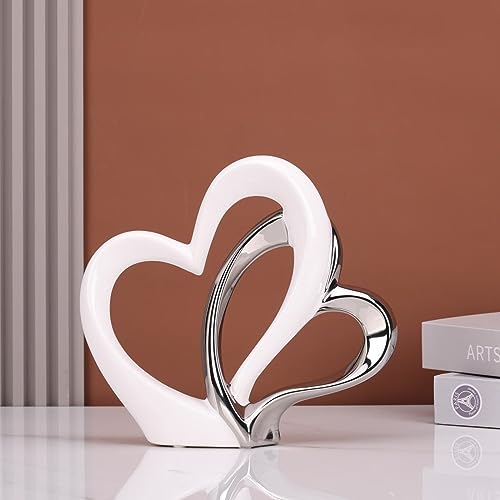 Estatua Dubble Heart de Cerámica Blanca y Plateada miniatura 6