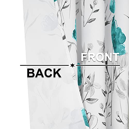 Likiyol Floral Curtains Watercolor Flower Leaves Window Curtains,Teal and Gray Floral Drapes Grommet Window Drapes for Bedroom Living Room Kitchen Bathroom Nursery (52 x 96 Inch, 2 Panels)