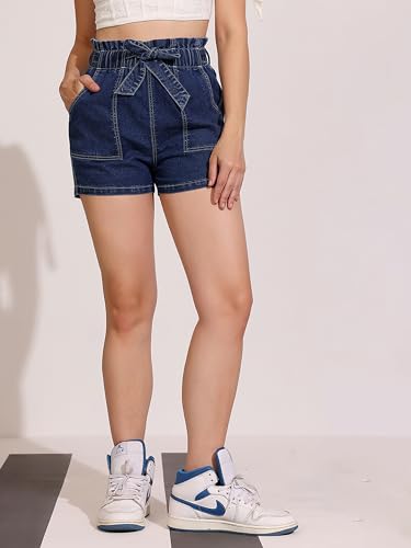 Image of Dolce Crudo Women's Relaxed Fit Mid-Rise Denim Shorts with Adjustable Waist & Frayed Hem