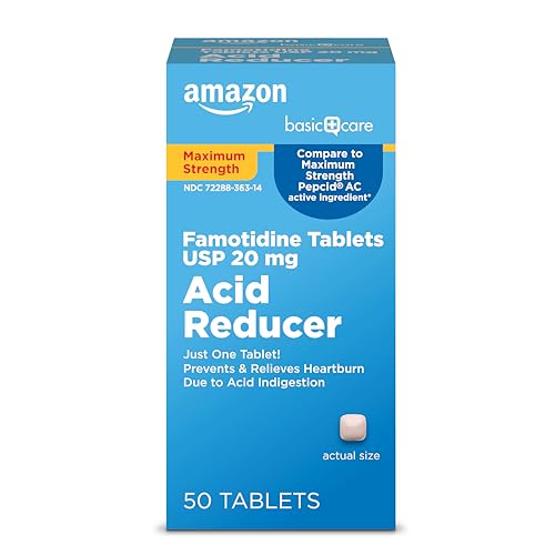 Amazon Basic Care Maximum Strength Famotidine Tablets 20 mg, Acid Reducer for Heartburn Relief, 50 Count